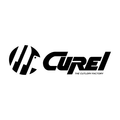 Logótipo preto e branco da Curel com texto THE CUTLERY FACTORY e símbolo circular com cutelaria