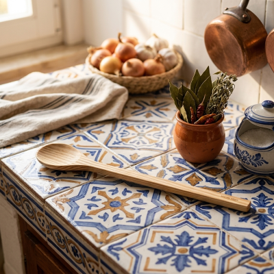 Mesa de cozinha com azulejos, colher de pau, vaso com ervas, tigela de sal e cesto de cebolas e alhos