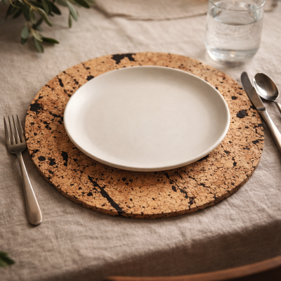 Conjunto de jantar com prato branco sobre base de cortiça e talheres