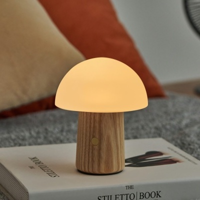 Candeeiro de mesa de madeira com cúpula opaca iluminada sobre livro e tecido cinzento