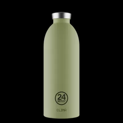 Garrafa térmica verde-acinzentada com tampa prateada e logotipo 24 BOTTLES