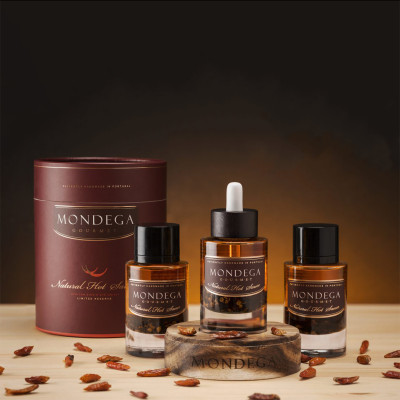 Três frascos de óleo MONDEGA Gourmet com tampa preta e suporte de madeira