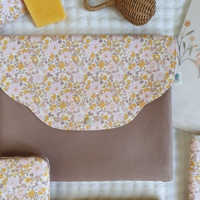 Bolsa com aba floral e outros itens têxteis e sabonete sobre fundo branco