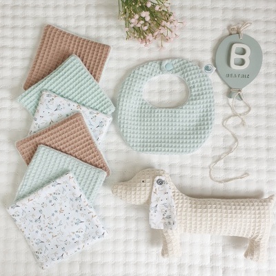 Acessórios para bebé com toalhitas, babete, brinquedo peluche cão e chupeta