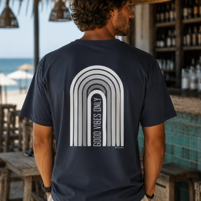 T-shirt azul escura com estampado branco e texto GOOD VIBES ONLY vista de trás em bar de praia