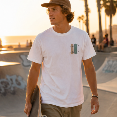 Homem com t-shirt branca e skate num parque de skate ao pôr do sol
