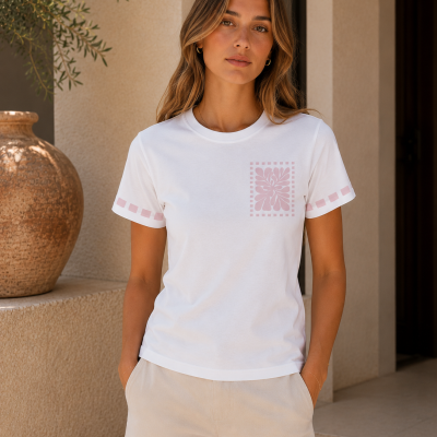 Mulher com t-shirt branca com estampado rosa e calções bege ao ar livre