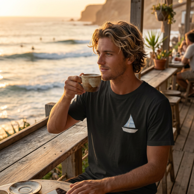 Homem jovem sentado num café rústico perto da praia com t-shirt preta e chávena de cerâmica.