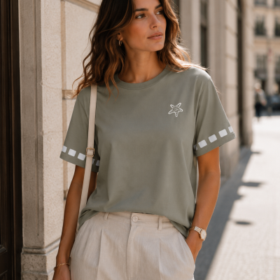 Mulher com t-shirt verde oliva com estrela-do-mar e calças bege claras na rua