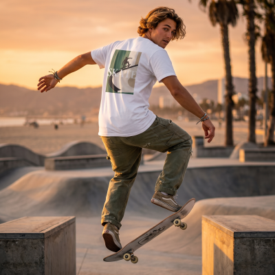 Jovem a usar t-shirt branca com estampa SKATE e a andar de skate num parque ao pôr do sol