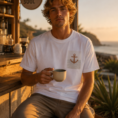 Homem com camisola branca com estampa de âncora castanha segurando caneca cinzenta numa esplanada ao pôr do sol
