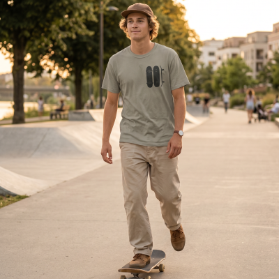 Homem com camiseta cinza clara e estampa de skates num parque de skate ao entardecer