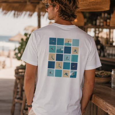 T-shirt branca com estampas coloridas de surf no verso