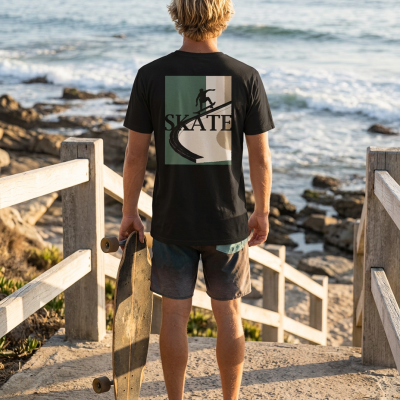 Homem com t-shirt preta com estampa Skate e longboard à mão junto à praia
