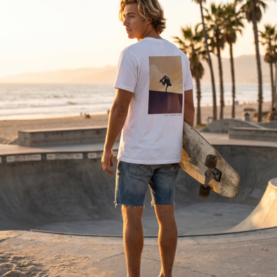Homem com t-shirt branca estampada, calções jeans e skate à beira de uma pista de skate na praia ao pôr-do-sol.