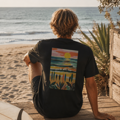 Homem sentado de costas com t-shirt preta estampada à beira da praia com prancha de surf branca