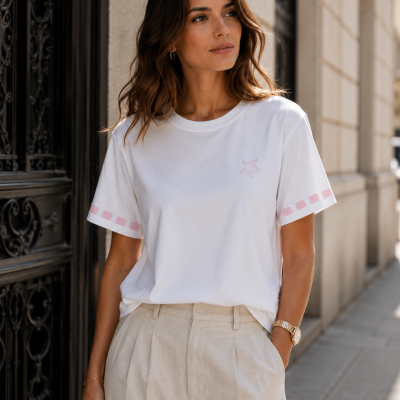 Mulher a usar t-shirt branca com detalhes cor-de-rosa e calças bege ao ar livre