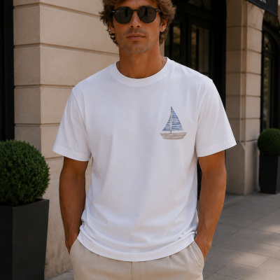 Homem com t-shirt branca com desenho de veleiro azul e cinzento no peito e óculos escuros pretos em ambiente urbano.