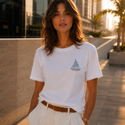 Mulher com t-shirt branca com veleiro azul estampado no peito, calças brancas e acessórios dourados num ambiente urbano ao entardecer.