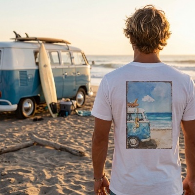 HOMEM DE COSTAS COM CAMISOLA BRANCA IMPRESSA NA PRAIA PERTO DE CARRINHA AZUL VINTAGE