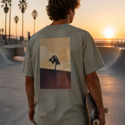 T-shirt cinzenta com estampa de skatista em skate park ao pôr do sol