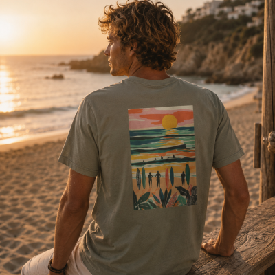 Homem com t-shirt cinza estampada ao pôr do sol na praia