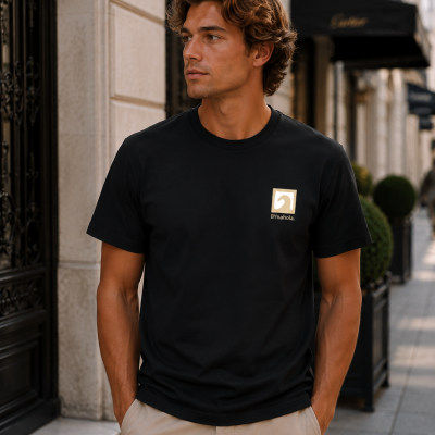 Homem com t-shirt preta BYanhola em ambiente urbano