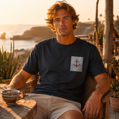 Homem de cabelo castanho claro sentado numa esplanada rústica com t-shirt azul escura e calções bege