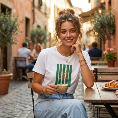 Mulher com t-shirt branca Ciao Bella sentada numa esplanada com croissant e livro na mesa