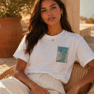 Mulher com t-shirt branca e estampa de sol sentada numa cadeira de palha ao sol