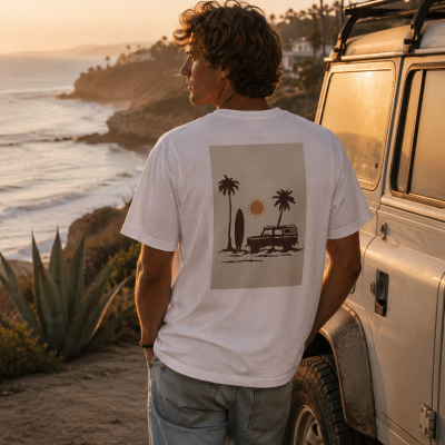 Homem com t-shirt branca estampada de costas junto a veículo com prancha no tejadilho em cenário costeiro ao pôr do sol