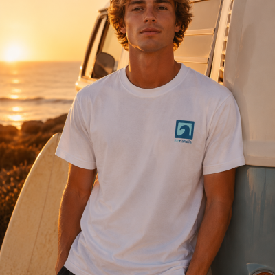 Homem com T-shirt branca com logo azul BYnahola junto a carrinha VW azul e branca e prancha de surf ao pôr do sol