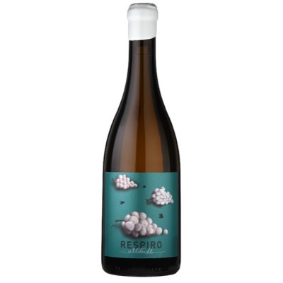 Garrafa de vinho com rótulo azul com cachos de uvas rosa e texto RESPIRO Albus