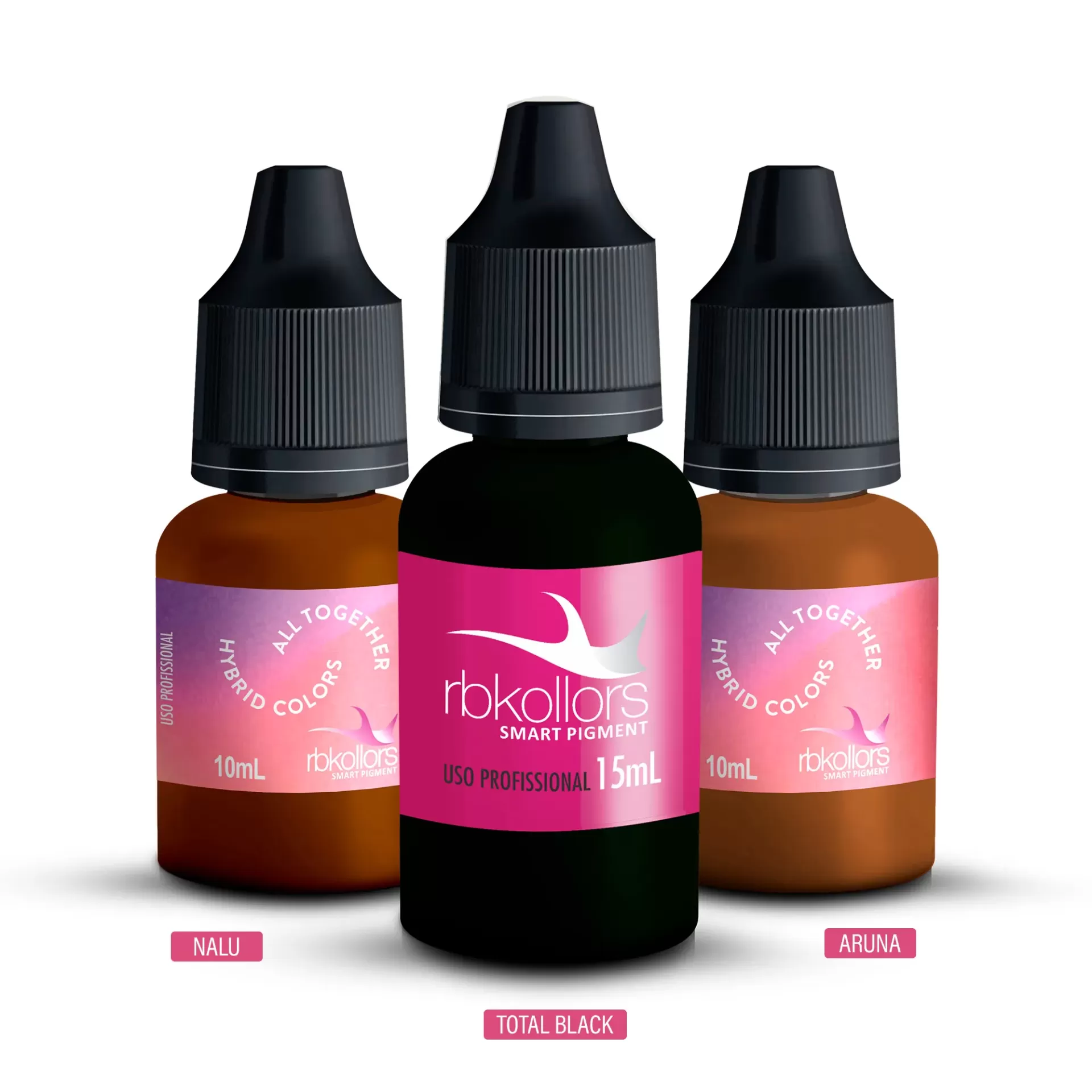 Kit Tríade 2.0 RBKollors - Atenda 6 fototipos - PRÉ-VENDA Três frascos de pigmentos rbkollars com tampa preta e rótulos rosa