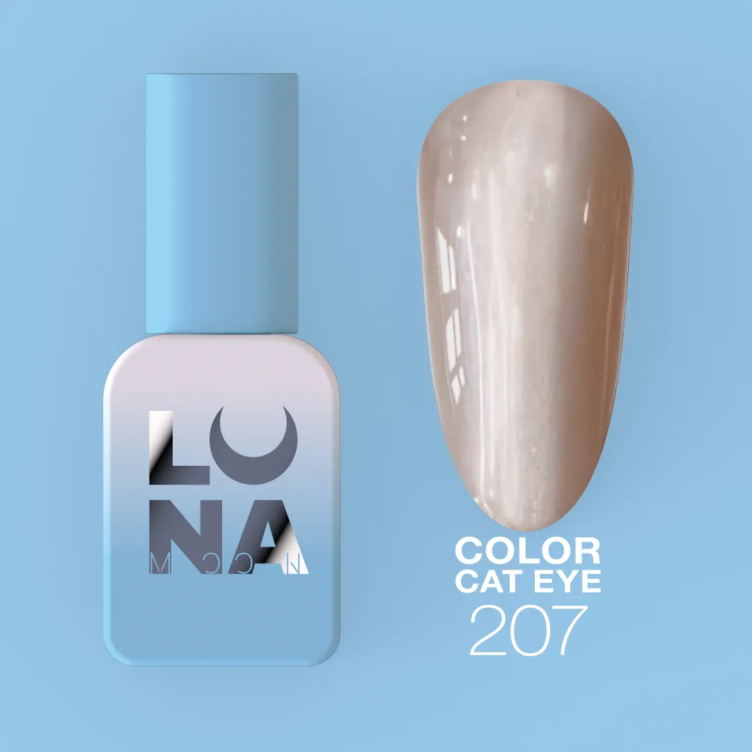 Esmalte LUNA azul claro e amostra de cor bege com texto COLOR CAT EYE 207