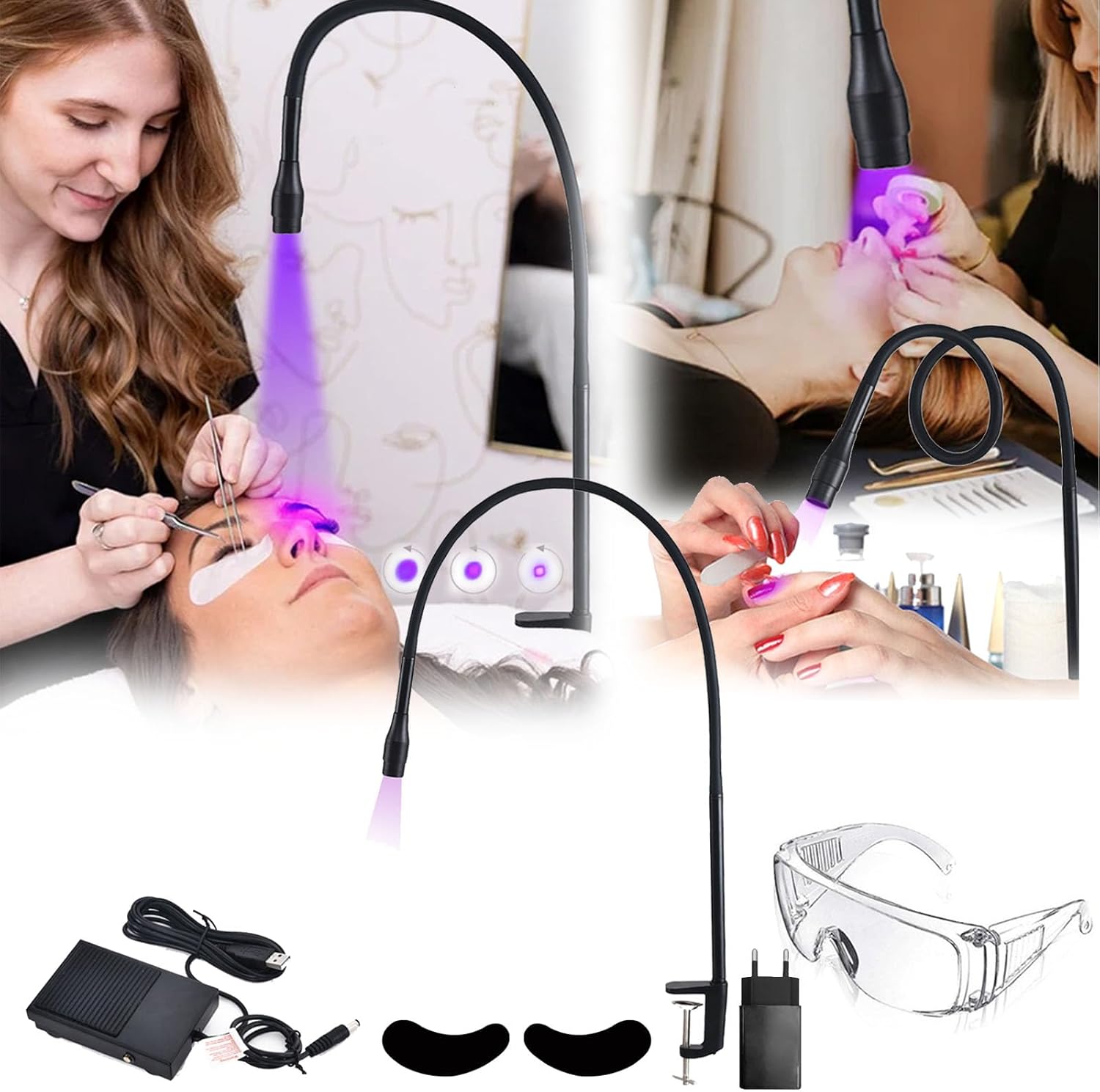 Candeeiro UV 10W para Extensão de Pestanas com Interruptor de Pé Aparelho de luz UV para extensões de pestanas com acessórios e uso em salão