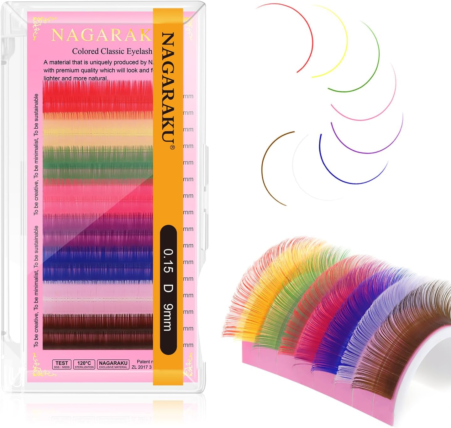 Pestanas Coloridas Nagaraku 0.15 D - Vários Tamanhos Conjunto colorido de pestanas para extensão em embalagem transparente NAGARAKU