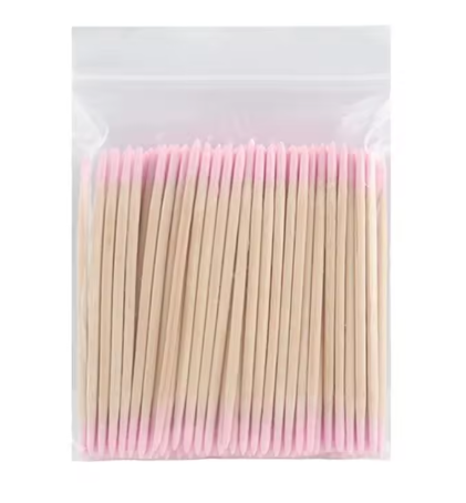 Palito com Algodão Rosa 100 Und Pacote transparente de palitos de madeira com pontas cor-de-rosa