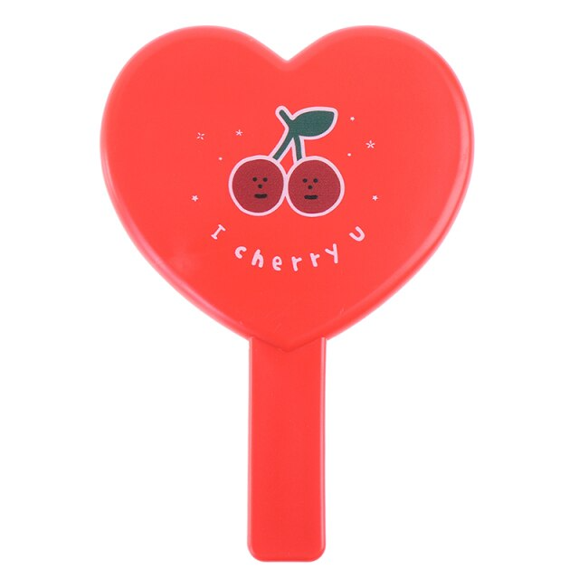 Espelho vermelho em forma de coração com desenho de duas cerejas e texto 'I cherry U'.