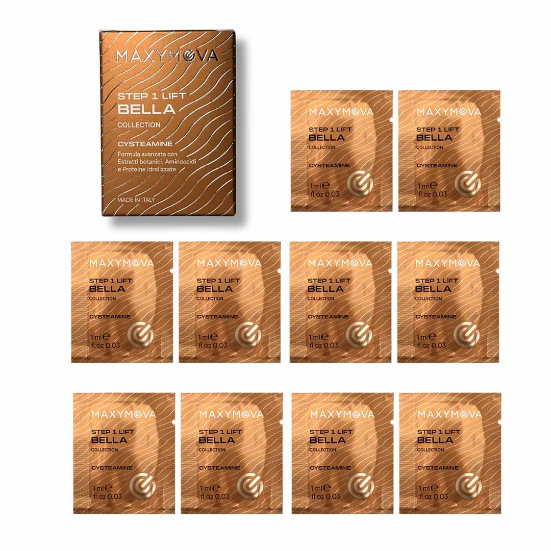 Maxymova Step 1 Bella Cysteamine Sachets 10x1 ml Conjunto de doze saquetas e caixa MAXYMOVA STEP 1 LIFT BELLA COLLECTION bronze