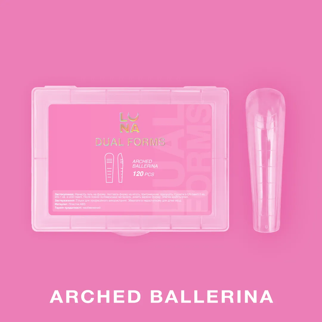 Arched Ballerina Dual Forms – 120 pcs – LUNAmoon Estojo rosa translúcido e forma de unha em plástico transparente sobre fundo rosa