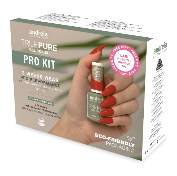 Andreia Professional – Pro Kit True Pure Caixa do kit de verniz gel Andreia True Pure Pro Kit com mão com unhas vermelhas