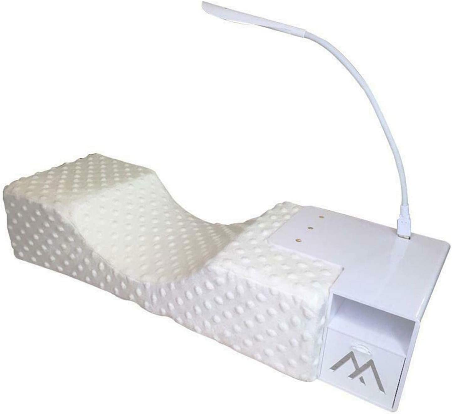 Almofada Apoio Pescoço + Suporte + Candeeiro Led Almofada branca texturizada com relevo e suporte acrílico com candeeiro LED e compartimento