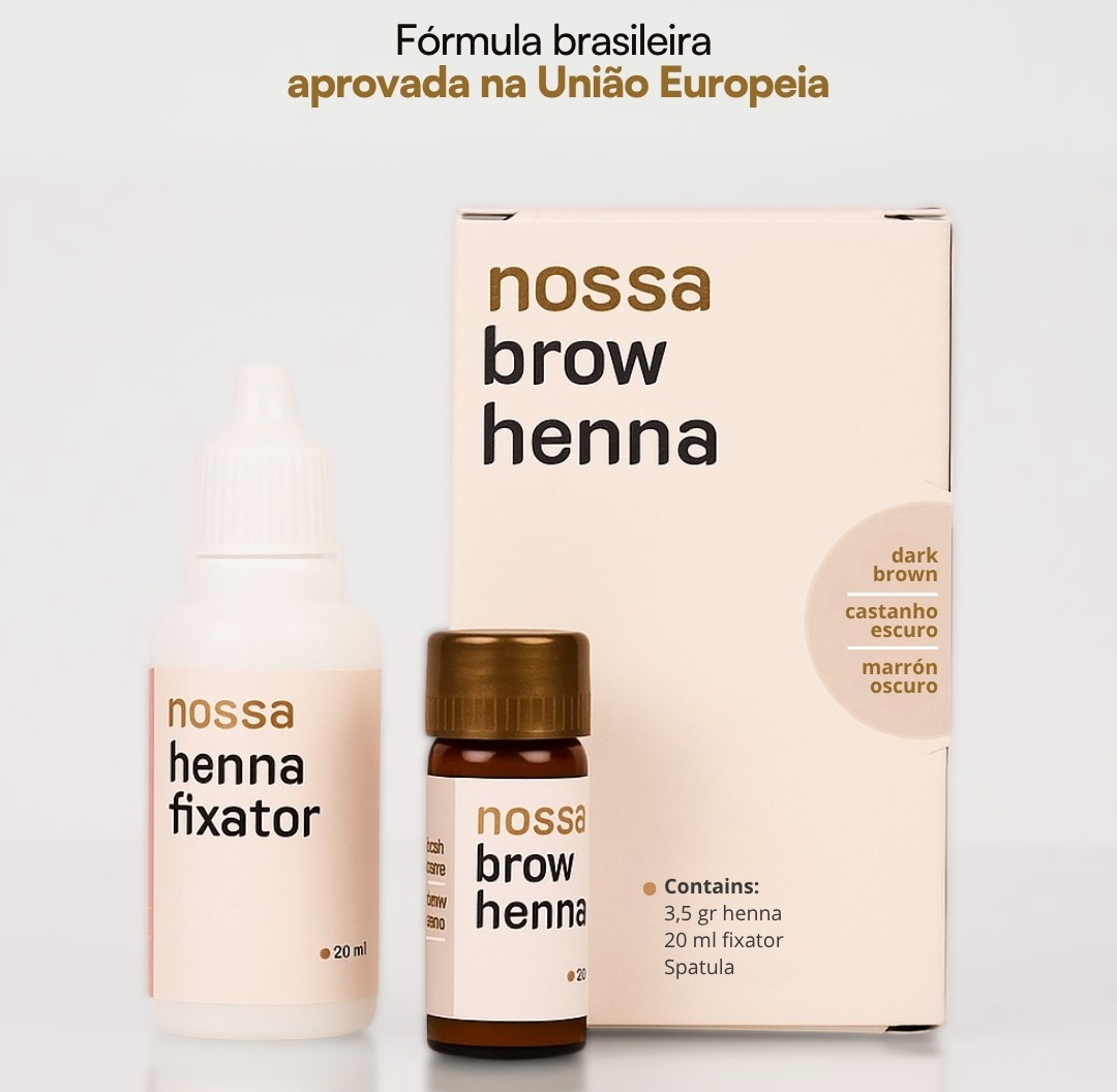 Henna + Fixador NOSSA para Sobrancelhas - Castanho Escuro Produtos para sobrancelhas Nossa Brow Henna com frascos e embalagem