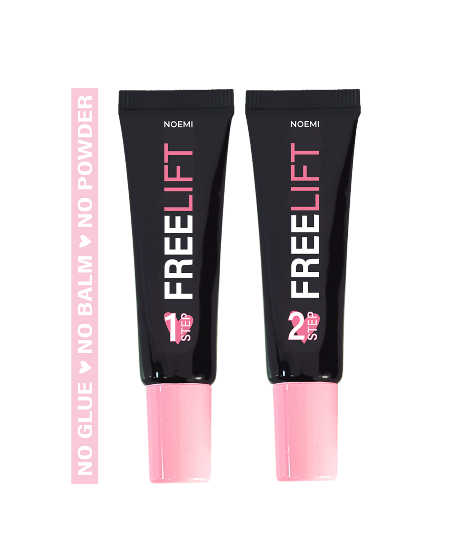 Noemi Freelift Step 1 e 2 - Duo de Lifting, 2 x 10 ml Dois tubos de cosmético preto e rosa FREELIFT com texto e rótulo rosa ao lado