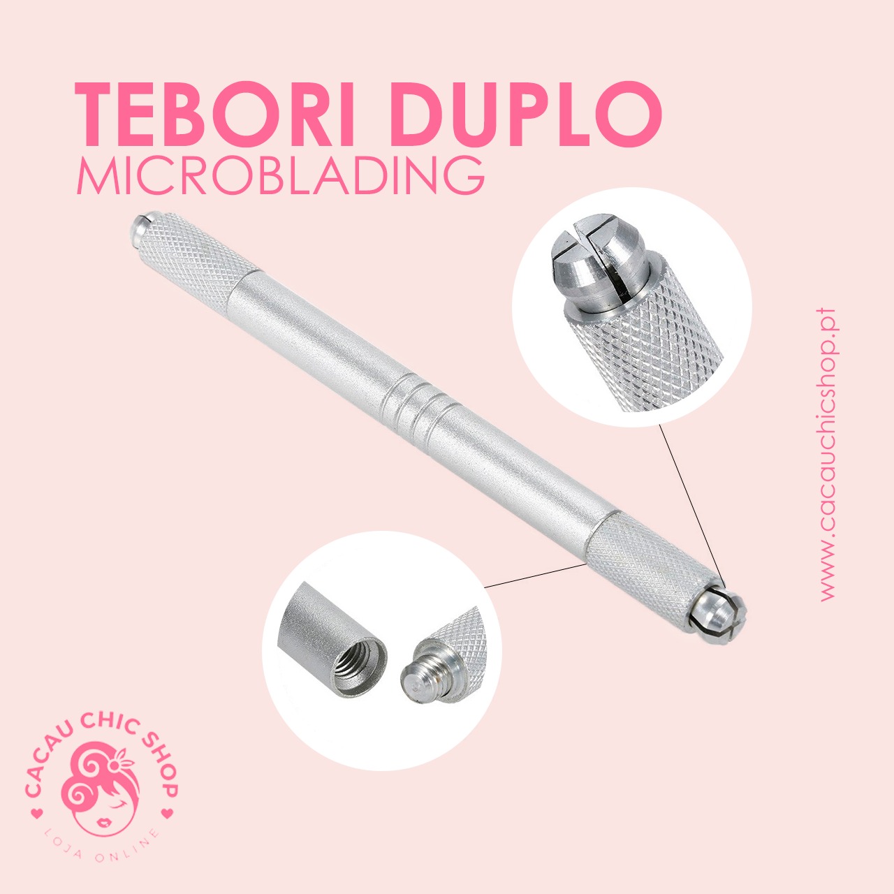 Tebori Duplo Microblading Caneta metálica prateada para microblading com detalhes do mecanismo de encaixe e fundo rosa