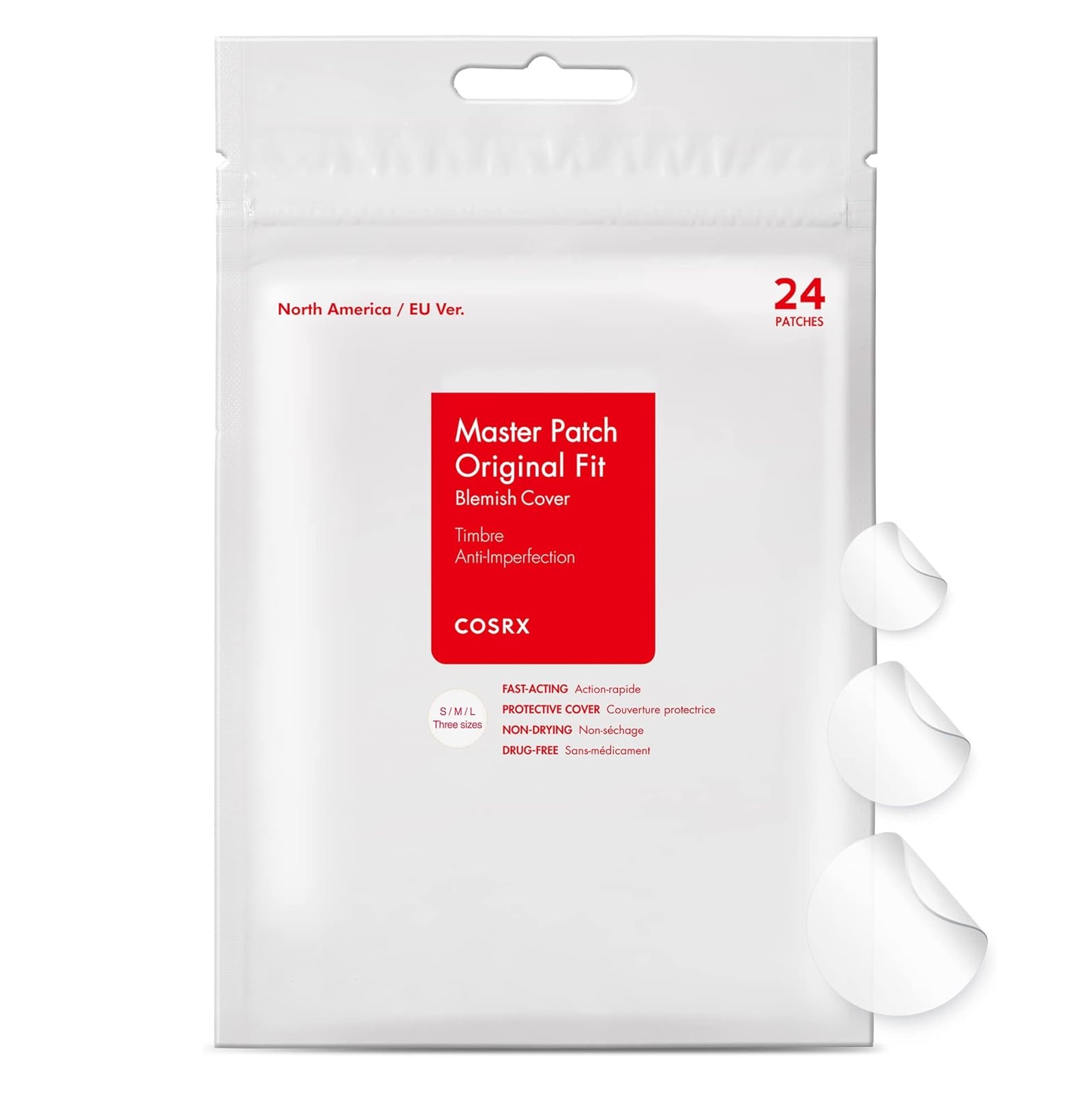 COSRX – Acne Pimple Master Patch (24 unidades) Pacote branco com adesivos transparentes para manchas