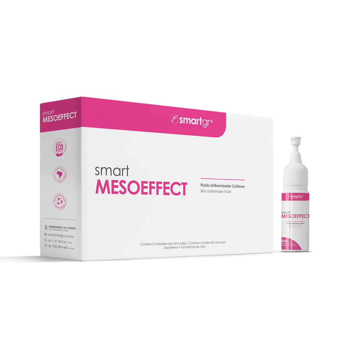 Caixa branca e rosa com 5 frascos do fluido uniformizador cutâneo smart MESOEFFECT.