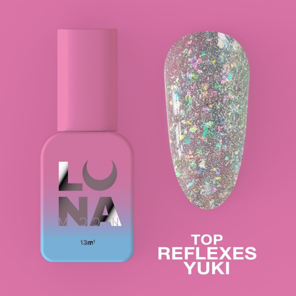 Top Coat Reflexes Yuki – 13 ml LUNAmoon Esmalte de unhas rosa e azul com amostra brilhante e texto TOP REFLEXES YUKI