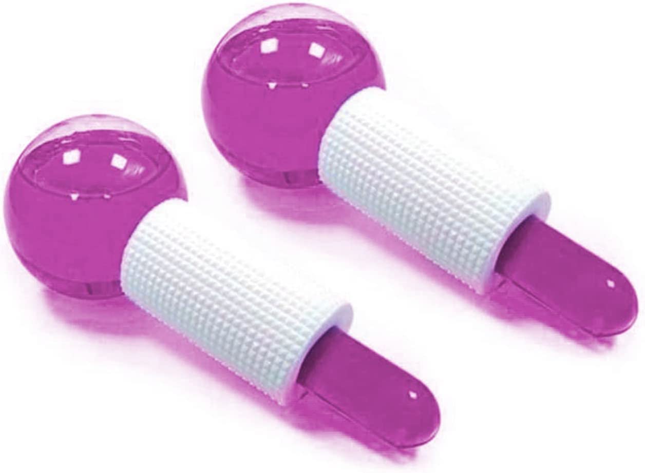 🌸 Esferas de Cromoterapia Par | Rosa Dois conta-gotas plásticos roxos com punhos brancos texturizados